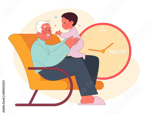 Life Milestones concept. A joyful grandfather holds a giggling baby, celebrating birth and youth moments, amidst a backdrop of a symbolic clock. Time's cherished milestones in vibrant colors.