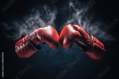 Two boxing gloves in a punch collision with smoke