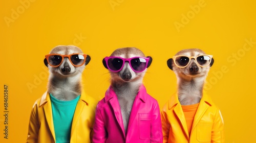 Portrait of fashionable meerkat with glasses isolated on yellow background photo