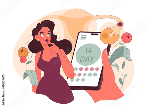 Ovulation concept. A thoughtful woman assesses her fertility cycle, depicted with an ovary illustration and mobile app. Nature's rhythm meets modern tracking. Flat vector illustration