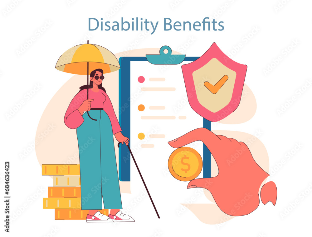 Confident woman with a cane stands under an umbrella, showcasing disability benefits. Checklist symbolizes approval, while coins highlight financial support. Flat vector illustration.