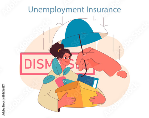 Resilient woman clutches her belongings after a dismissal, finding solace under the shield of unemployment insurance. Large hand offers an umbrella, indicating protection. Flat vector illustration.