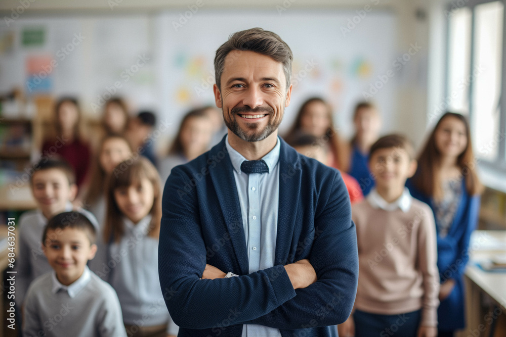 Happy teacher standing in a class with crossed arms in front of his elementary students and looking at the camera. Happy teacher standing in a class with crossed arms in front of his elementary students and looking at the camera.