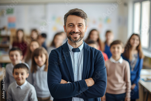 Happy teacher standing in a class with crossed arms in front of his elementary students and looking at the camera.