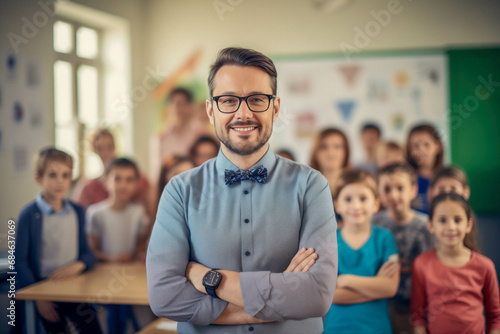 Happy teacher standing in a class with crossed arms in front of his elementary students and looking at the camera. © Igor