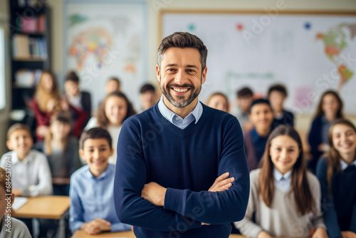 Happy teacher standing in a class with crossed arms in front of his elementary students and looking at the camera.