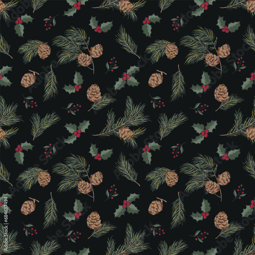Seamless vector pattern with pine twigs, cones, holly on a black background. Christmas ornament