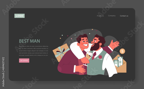 Best Man concept. A cheerful groom embraces his best man, holding a champagne flute, while surrounded by gifts and cash. Celebratory toasts. Bonds of friendship. Flat vector illustration.