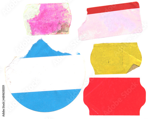 set of empty grungy adhesive price stickers, multicolored price tags with free  copy space, isolated on transparent background.PNG file.
