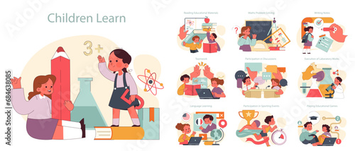 Children learn set. Elementary school classes. Children engaging in studies, discussions, and creative play. Multidisciplinary education, academic knowledge gaining. Flat vector illustration