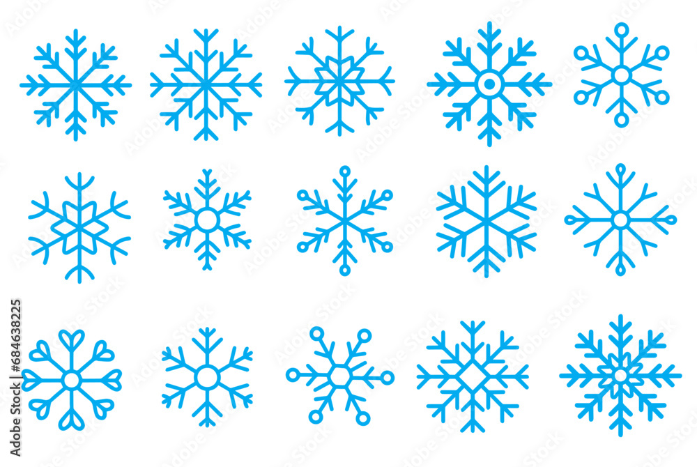 Set of variations of snowflakes on a white background vector illustration. Snowflake symbols. Snow icon