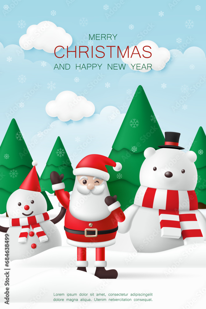 3d Merry Christmas and Happy new year banner with snowman, Santa claus, polar bear and christmas trees on the snow background for greeting card, kid wallpaper, decoration party. Vector illustration 3d Merry Christmas and Happy new year banner with snowman, Santa claus, polar bear and christmas trees on the snow background for greeting card, kid wallpaper, decoration party. Vector illustration