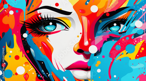 A colorful, abstract pop art depiction of a woman's face with expressive splashes 