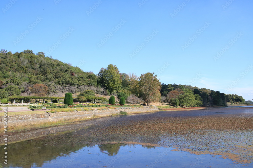 秋の日本の池のある公園：兵庫県立フラワーセンター(兵庫県加西市)
