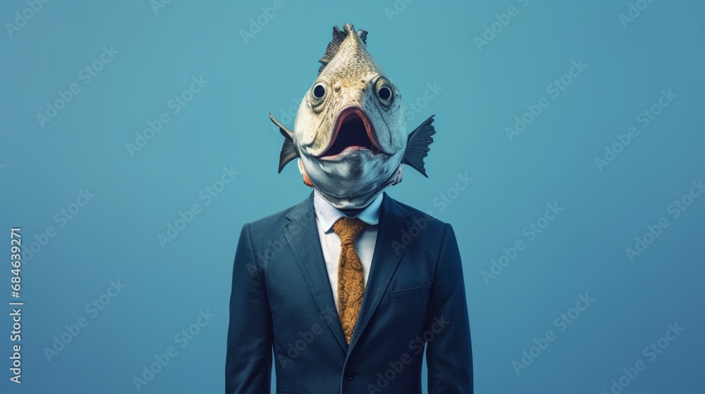 human body whith fish head wearing suit blue background.Generative AI - obrazy, fototapety, plakaty 