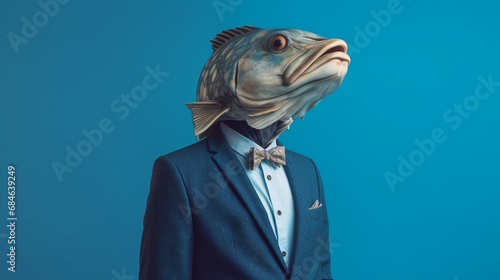 human body whith fish head wearing suit blue background.Generative AI photo