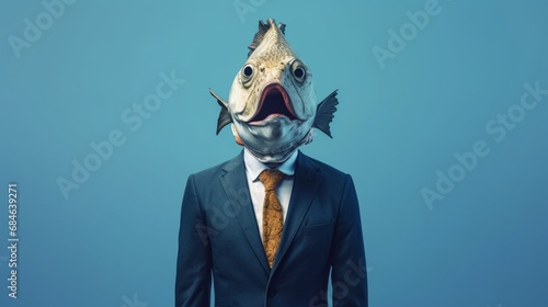 human body whith fish head wearing suit blue background.Generative AI photo