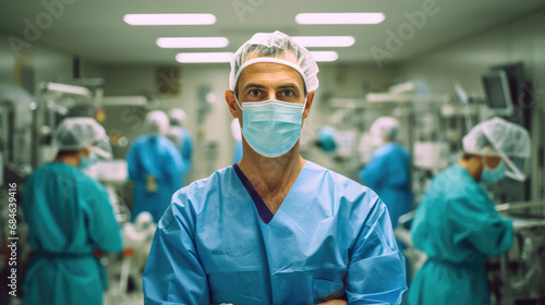 surgeon in a mask and a specialized gown against the backdrop of a hospital surgical room with employees.