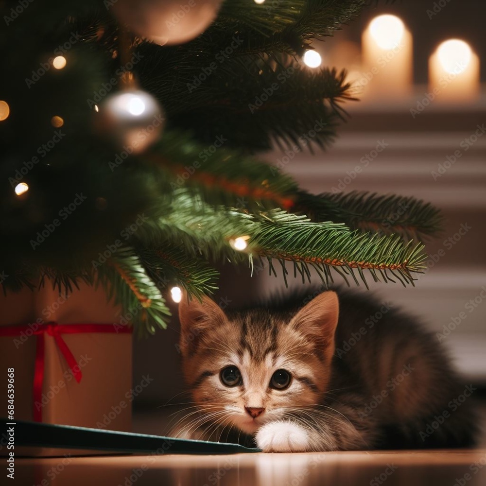 one kitten got scared and hid under the Christmas tree one kitten got scared and hid under the Christmas tree