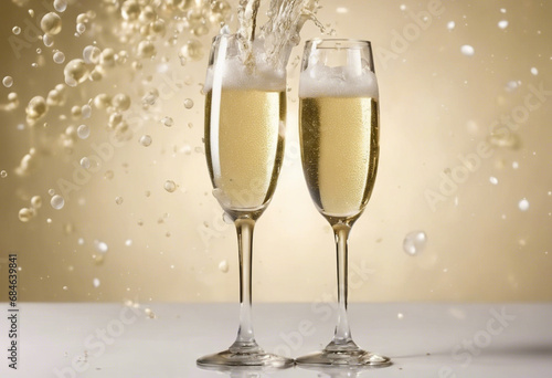 two glasses of champagne on a white table on a yellow background, standing next to each other, champagne splashed out of a glass and splashes all around