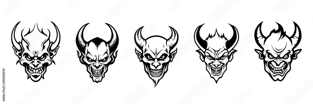 set Silhouette demon face icon. Vector illustration design. tattoo and t-shirt design black and white hand drawn horned devil head face Demon head, Devil horn mask Scary mask isolated sticker set Silhouette demon face icon. Vector illustration design. tattoo and t-shirt design black and white hand drawn horned devil head face Demon head, Devil horn mask Scary mask isolated sticker