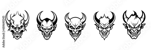 set Silhouette demon face icon. Vector illustration design. tattoo and t-shirt design black and white hand drawn horned devil head face Demon head, Devil horn mask Scary mask isolated sticker photo