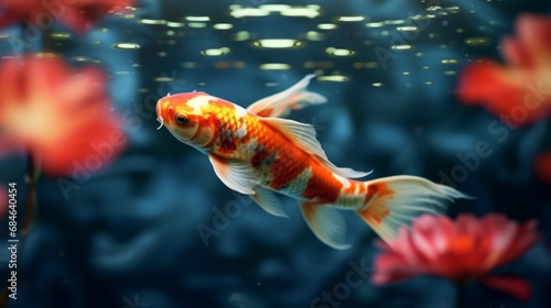 Lotus koi one golden yellow and one Chinese red blurr.Generative AI