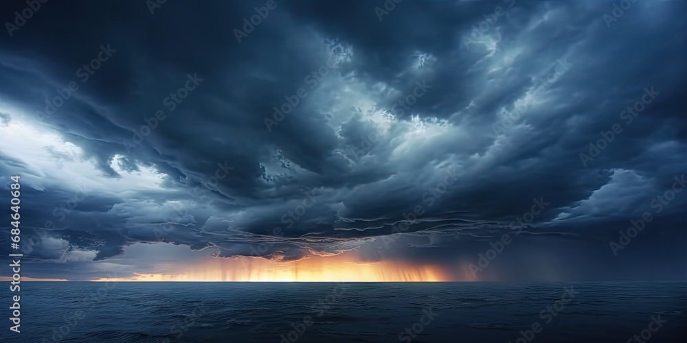 Nature fury. Dramatic storm unleashing power over darkened ocean featuring stormy sky rain laden clouds and threatening beauty of waves crashing against horizon