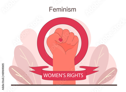 A raised fist enclosed in a circle, symbolizing women's empowerment and fight for their rights, against a backdrop of botanical elements. Women's strength. Advocacy for equality. vector illustration.