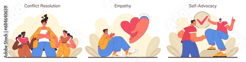 Assertiveness set. Conflict resolution with calm mediation. Empathy expressed through comforting gestures. Self advocacy with confident body language. Flat vector illustration