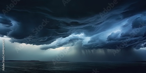 Nature fury. Dramatic storm unleashing power over darkened ocean featuring stormy sky rain laden clouds and threatening beauty of waves crashing against horizon © Bussakon