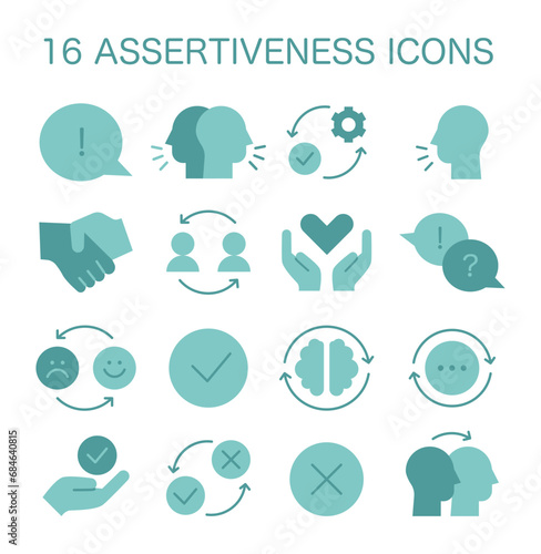 Assertiveness icon set. Articulate self-expression and clear communication portrayed through speech bubbles, handshakes, and thoughtful gestures. Conflict resolution and positive feedback. Flat vector