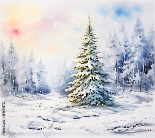 Watercolor Winter Landscape Painting Background with Snow all around © ChinnishaArts