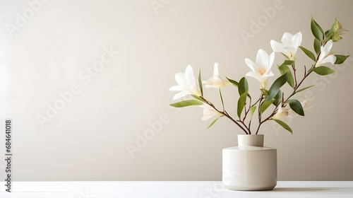 home interior with white flowers in a vase on a light background for product display
