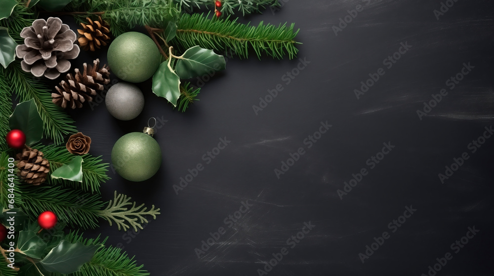 Christmas tree decorated dark background with copy space