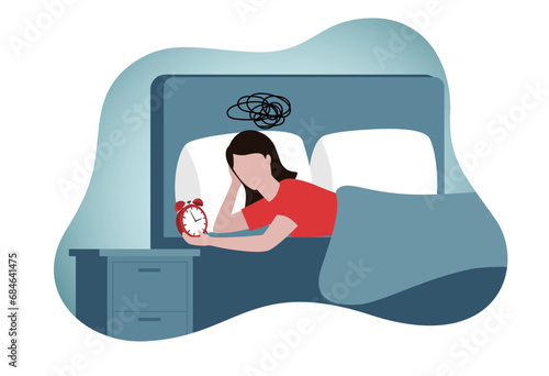 Sleepless woman lying in bed and looking at alarm clock isolated flat vector illustration. Cartoon female person with sleep disorder. Insomnia and sadness concept
