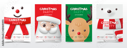 Set of 3d Christmas party invitation banner template. Merry xmas greeting card with santa claus, polar bear, reindeer, snowman background for gift voucher, sale promotion, social media post. vector