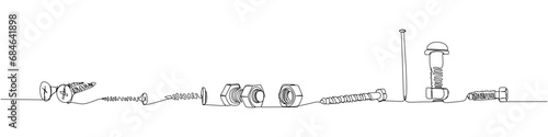 Set of screw, nail, bolt one line art. Continuous line drawing of repair, professional, hand, people, concept, support, maintenance.