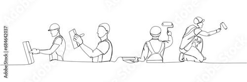Set of painter paints a wall with a roller, puttying walls, worker in uniform one line art. Continuous line drawing of repair, professional, people, concept, support, maintenance.