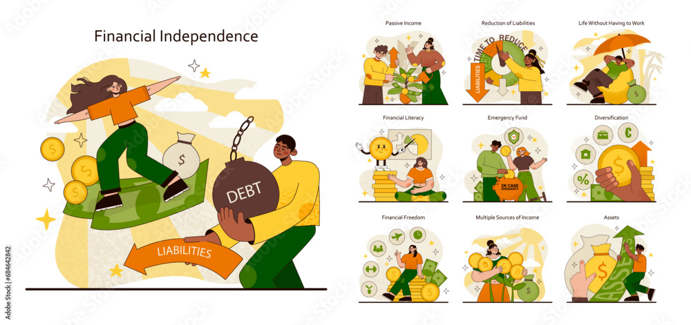 Financial independence set. Steps to wealth, managing debt, and smart savings. Nurturing income and emergency planning. Flat vector illustration.