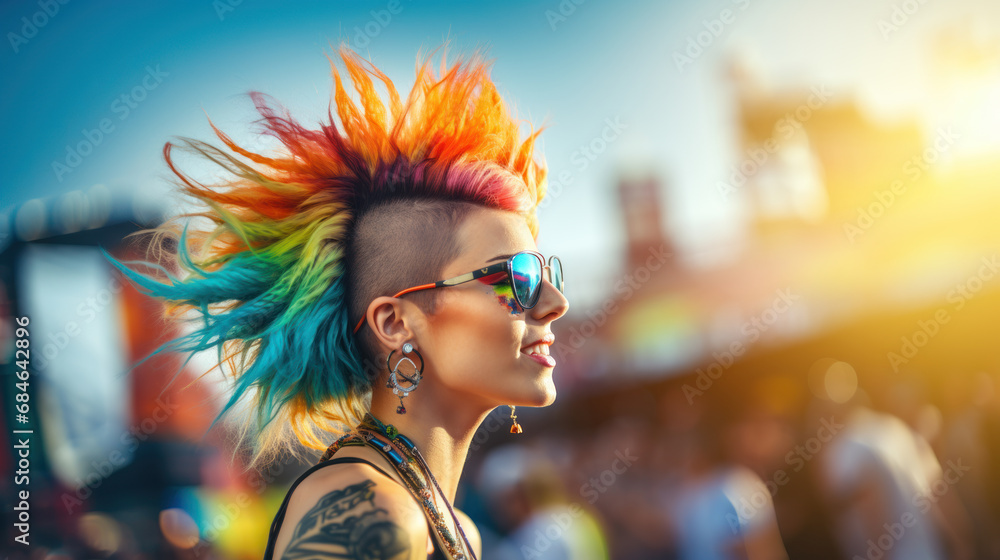 Young female punk with colorful mohawk hairstyle at music festival - obrazy, fototapety, plakaty 