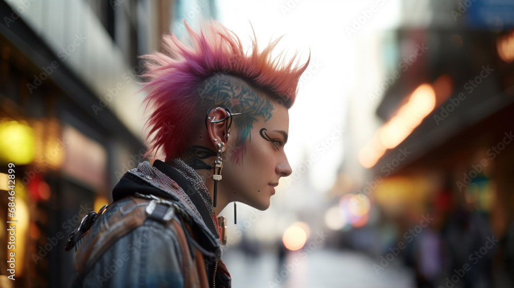 Young female punk with colorful mohawk hairstyle in the street