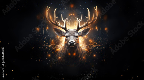 Golden glowing magical stag in dark forest
