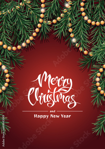 Merry Christmas Holiday card  flyer and invitation. Festive background with fir branches decorated with garland. Merry Christmas and New Year