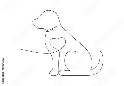 Cute dog continuous one line drawing with heart symbol. Isolated on white background vector illustration. Stock vector. 