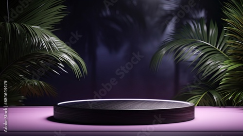 Exhibition podium for a variety of goods in Purple and Black colors against a tropical background