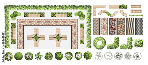 Top view elements for the landscape design plan. Trees, tiles, and benches for architectural floor plans. Maze garden elements. Various trees, bushes, and shrubs. Vector illustration.
