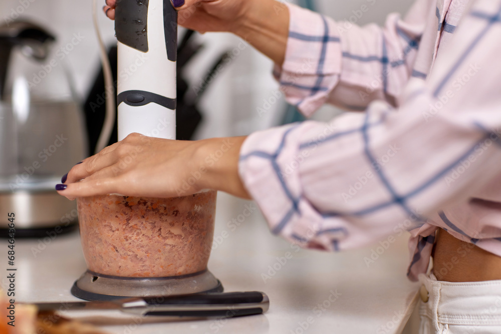woman using blender and grinding meat. Preparation of minced meat.