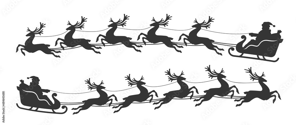 Silhouette of Santa Claus on a sleigh flying with reindeer. Christmas and New Year symbol, illustration