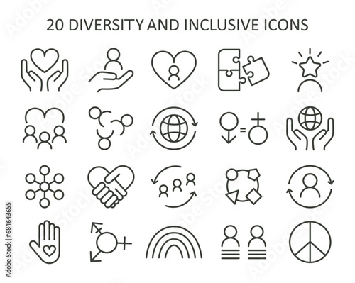 Inclusive society set. A collection of icons representing unity, equality, and support. Celebrating diversity, gender neutrality, and global solidarity. Flat vector illustration.